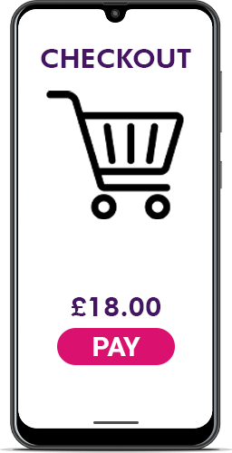 Phone on checkout page with cart icon and Pay button