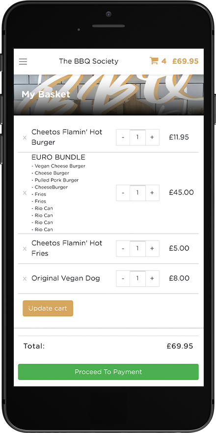 The BBQ Societys online ordering system checkout process shown on mobile