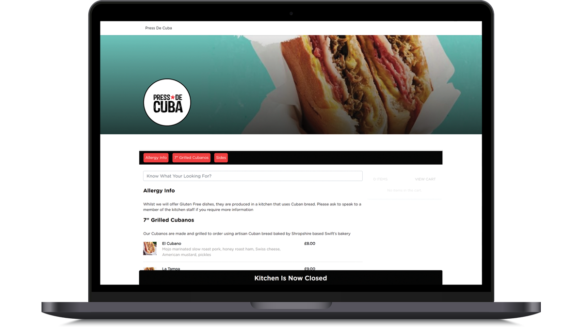 Press De Cuba online ordering system shown on a laptop